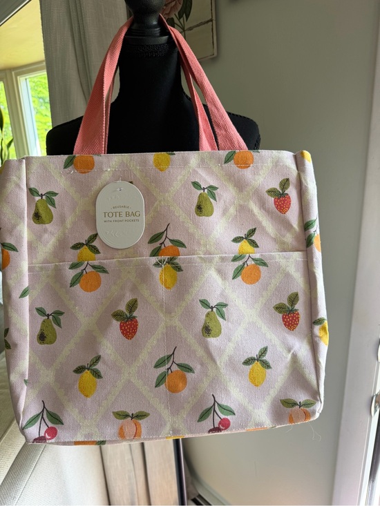 Handbags - Sunday Fun Day Sale Reusable Pink Fruit-Print Tote Bag/Pink Handles Heavy Duty